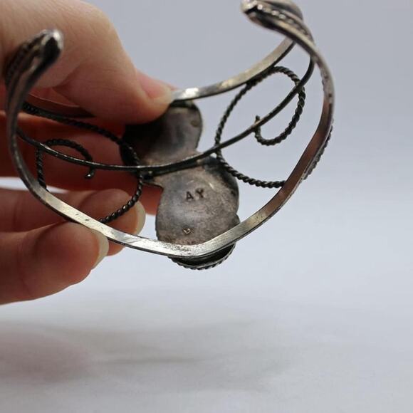 Albert Yazzie Sterling Silver Mother of Pearl with Turquoise Cabochon Cuff Brace - Picture 7 of 8